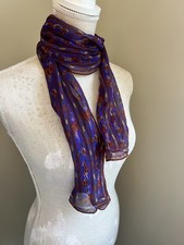 Vintage Sheer Silk Chiffon Scarf Purple Rust Floral Stripe Long Rectangular 80s