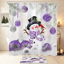 Winter Cardinal Purple Christmas Snowman Shower Curtain Set for Bathroom Decor