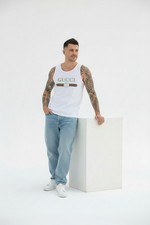 Gucci Men's White Logo Jersey Tank Top Crew Neck Sleeveless Cotton T-Shirt L