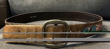 Vintage Retro 60  s Leather  Denim Inlay Belt Multicolored Embroidery 38-40
