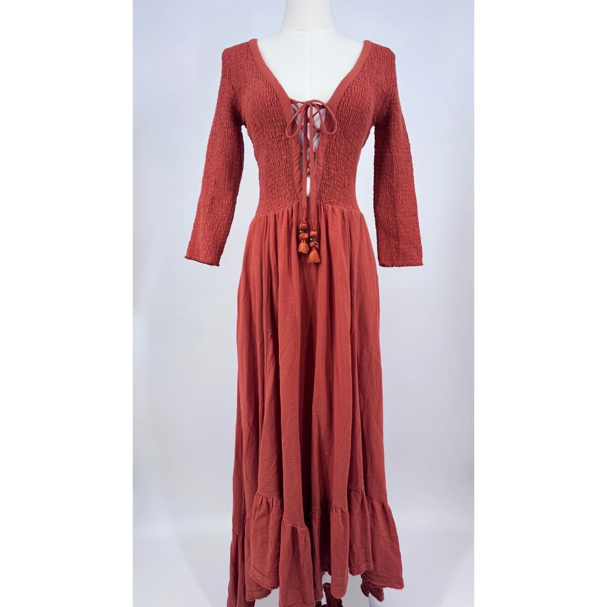 chinese dress ladies Free People Floral Embroidered Smocked Long Maxi Dress  White Chocolate  Couture