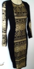 Women's Club L Black Metallic Gold Print Tube Bodycon Stretch Dress 8 UK