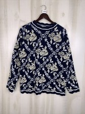 Spunky Vintage Navy Scalloped Neck Knit Womens Sweater Large USA Made NWT-11800