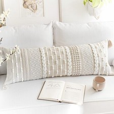 Cream Decorative Throw Pillow Cover 14x36, Boho Long Lumbar Cushion for Bed, ...