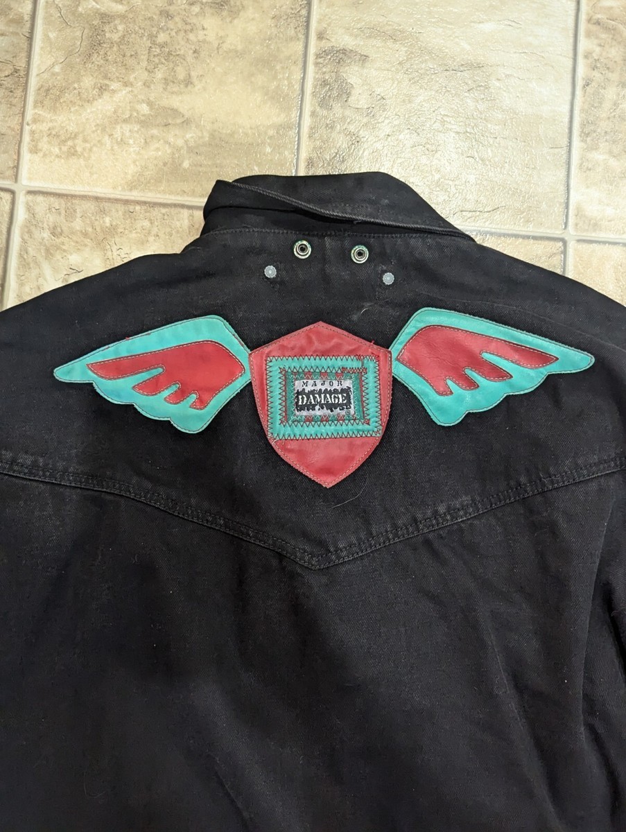 Vintage Major Damage Black Denim Color Block Hip Hop Jacket