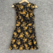 Shein Dress Women XS Black Floral Sheath Midi Zipper Short Sleeve Crew Neck