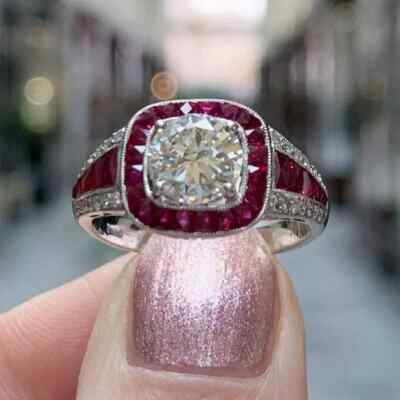 Art Deco Style 2.6Ct Round Lab Created Diamond & Ruby 925 Silver Engagement Ring