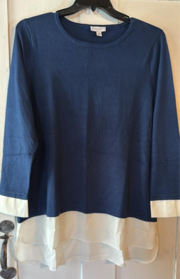 NWOT Susan Graver Shirt top 1X BLUE wHITE long Sleeves LIGHT WEIGHT SWEATER 2in1