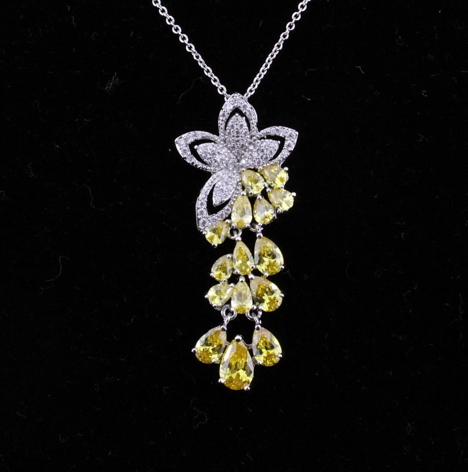 Conjunto de aretes colgantes de cristal de circonita cúbica con circonita cúbica de circonita cúbica de flor amarilla CZ907 Foto 3 de 4