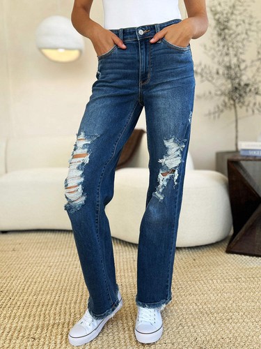 Judy Blue Mid Rise Distressed Raw Hem Blue Denim Jeans - Picture 8 of 15
