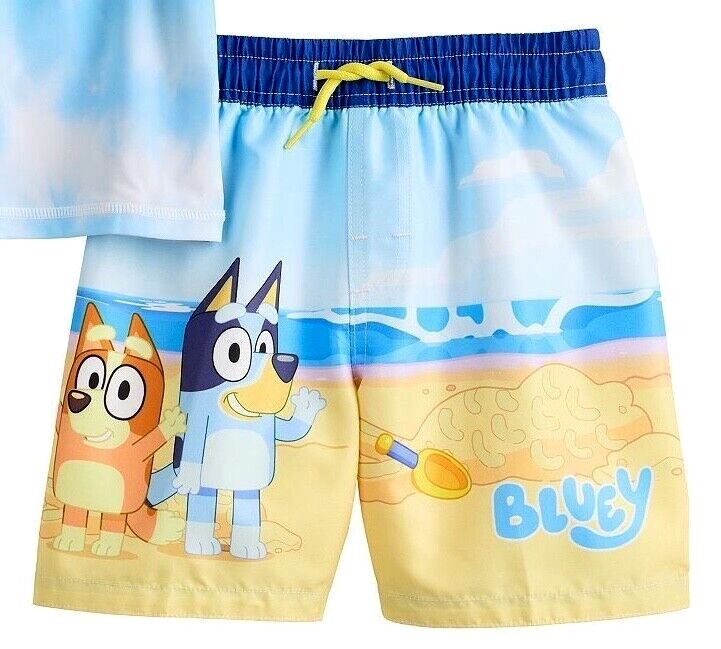 NWT Disney BLUEY Swim Trunks Rash Guard Set Swimsuit Shorts Toddler 2T