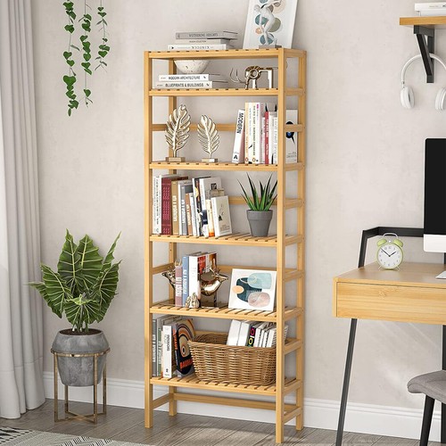 6-Tier Bamboo Shelf Bookcase with Adjustable Shelves Free Standing Storage Unit - Picture 2 of 12