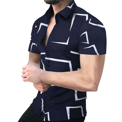 Men Fashion Button Down Shirt Short Sleeve Navy Blue White Contrast Casual Tee T - Picture 17 of 18