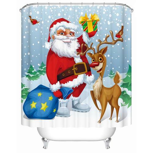 Santa Claus Deer Shower Curtain Christmas Bathroom Decoration Waterproof 72 In - Picture 2 of 10