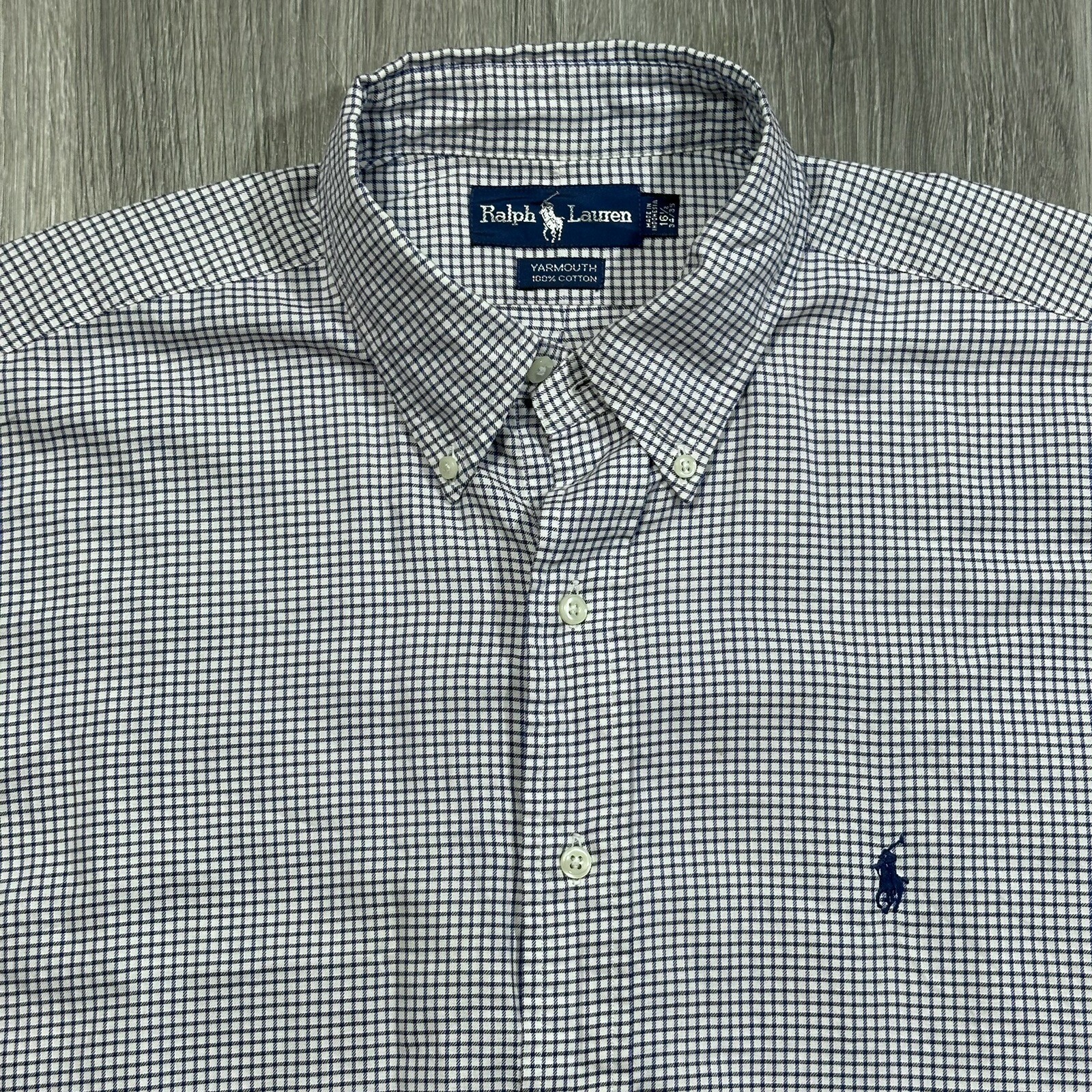Ralph Lauren Yarmouth Dress Shirt Men's 16.5/34-35 Blue Black Tattersall Cotton