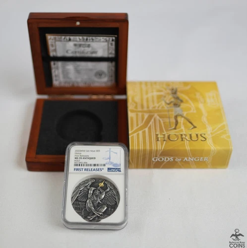 2020 Niue HORUS Gods of Anger .999 Silver 2oz Gilt Coin NGC MS70 Antiqued + OGP