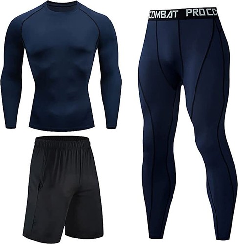 Mens GYM 3 piece Compression Running Set Rashguard Base Layer shorts Leggings - Picture 13 of 16