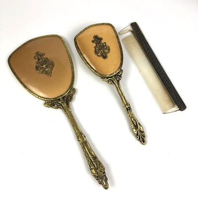 VTG 3 pc Gold Vanity Dresser Set Mirror Brush & Comb Victorian Ornate Handle