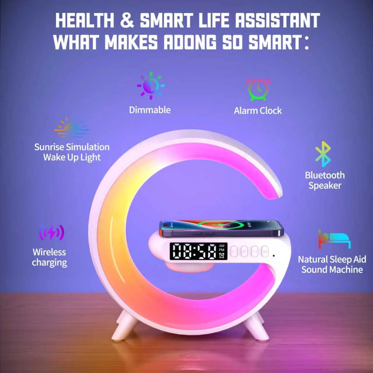 All-in-One Smart Bedside Lamp: 15W Fast Wireless Charger, Alarm Clock & Mood Lig