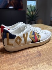 Gucci Mujer 38.5 Ace Loved Zapatillas Web Rayas Oro Bordado Letras