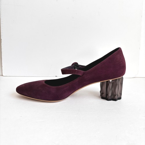 Salvatore Ferragamo Suede Mary Jane Pumps Block Heel Burgundy Size 10 C Narrow - Picture 5 of 14