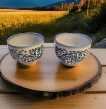 Vintage Japanese Yunomi Teacups. Set Of 2 Blue Sometsuke Bamboo Design MCM GUC