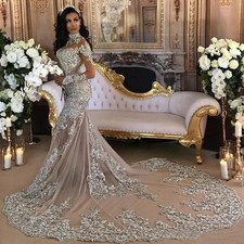 Custom Lace Mermaid Muslim WeddingDress with Long Sleeves High Neck Saudi Arabia