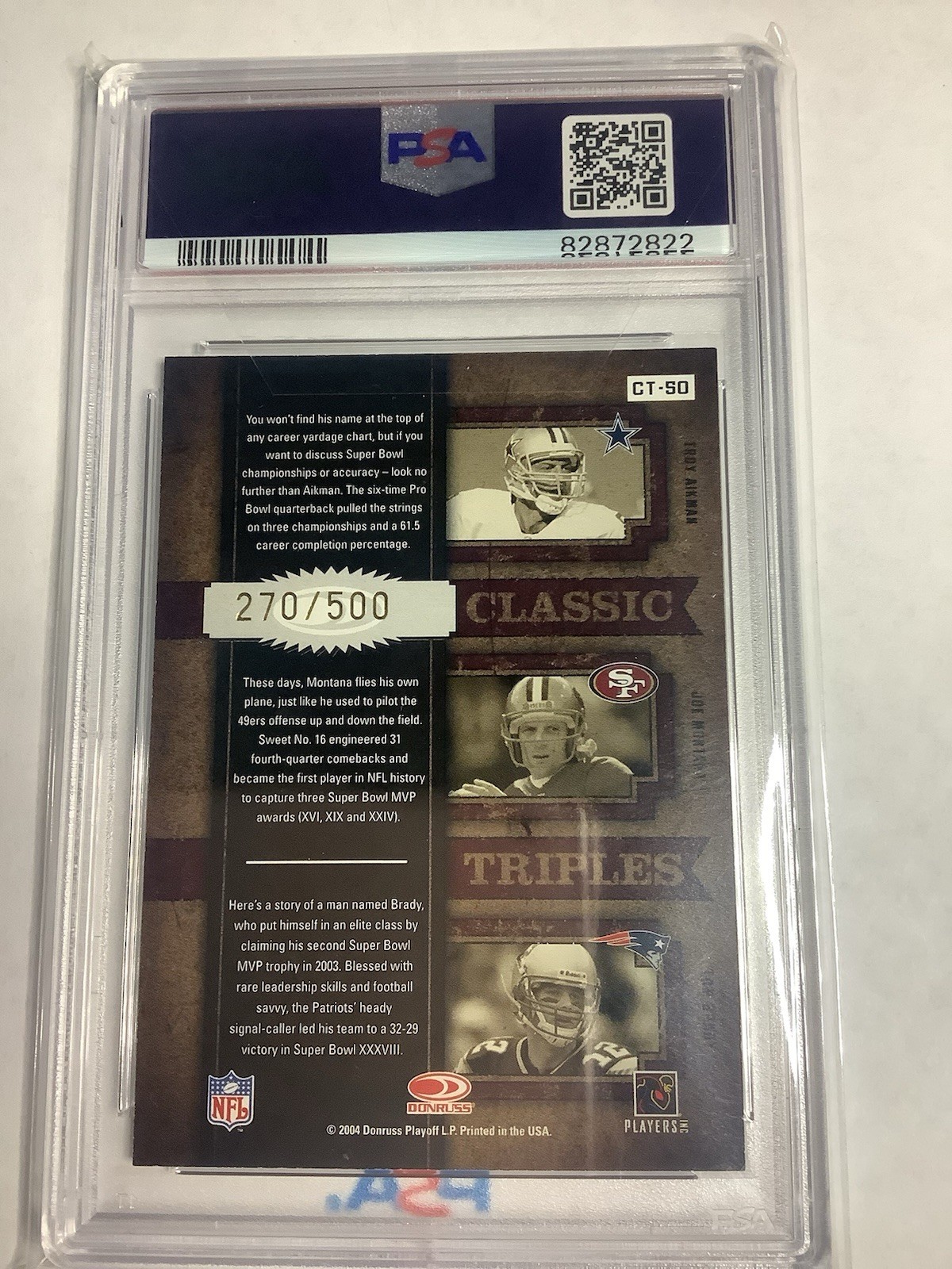 2004 Donruss Classics Aikman, Montana, Tom Brady 270/500 PSA 8 view 3
