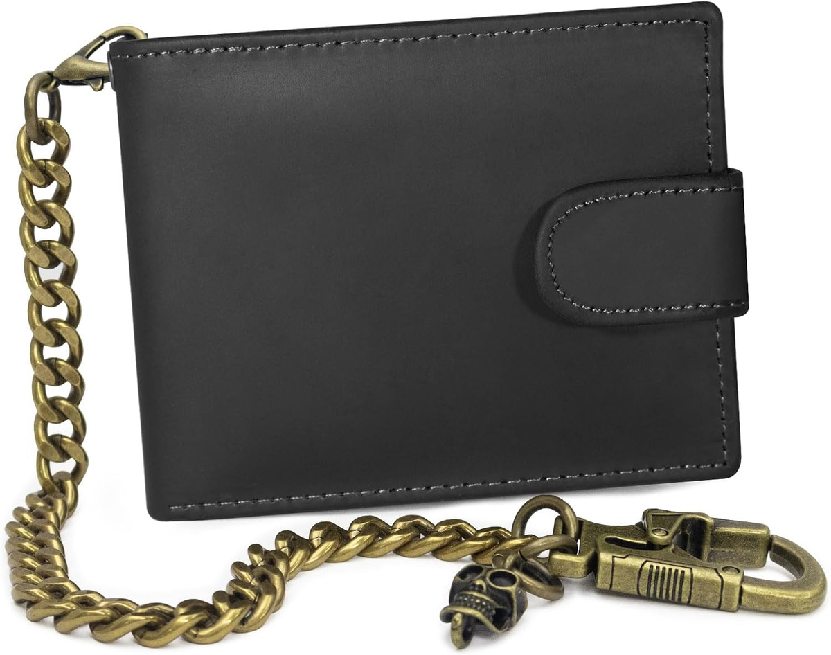 Chain Wallet for Men, Crazy Horse Leather Wallet with Chain