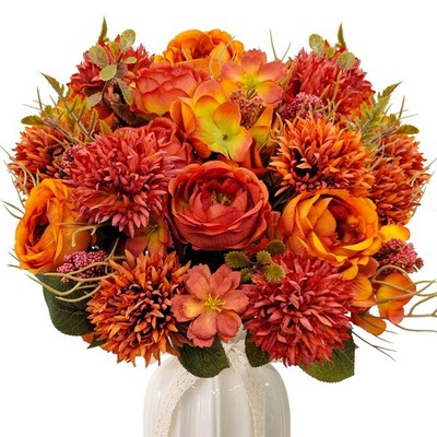2 Bundles Fall Artificial Flowers Bouquet Fake Peony Silk Chrysanthemums Autumn