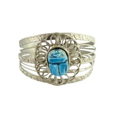 Egyptian Revival Solitaire Scarab Cuff Bracelet - 7 1/4"