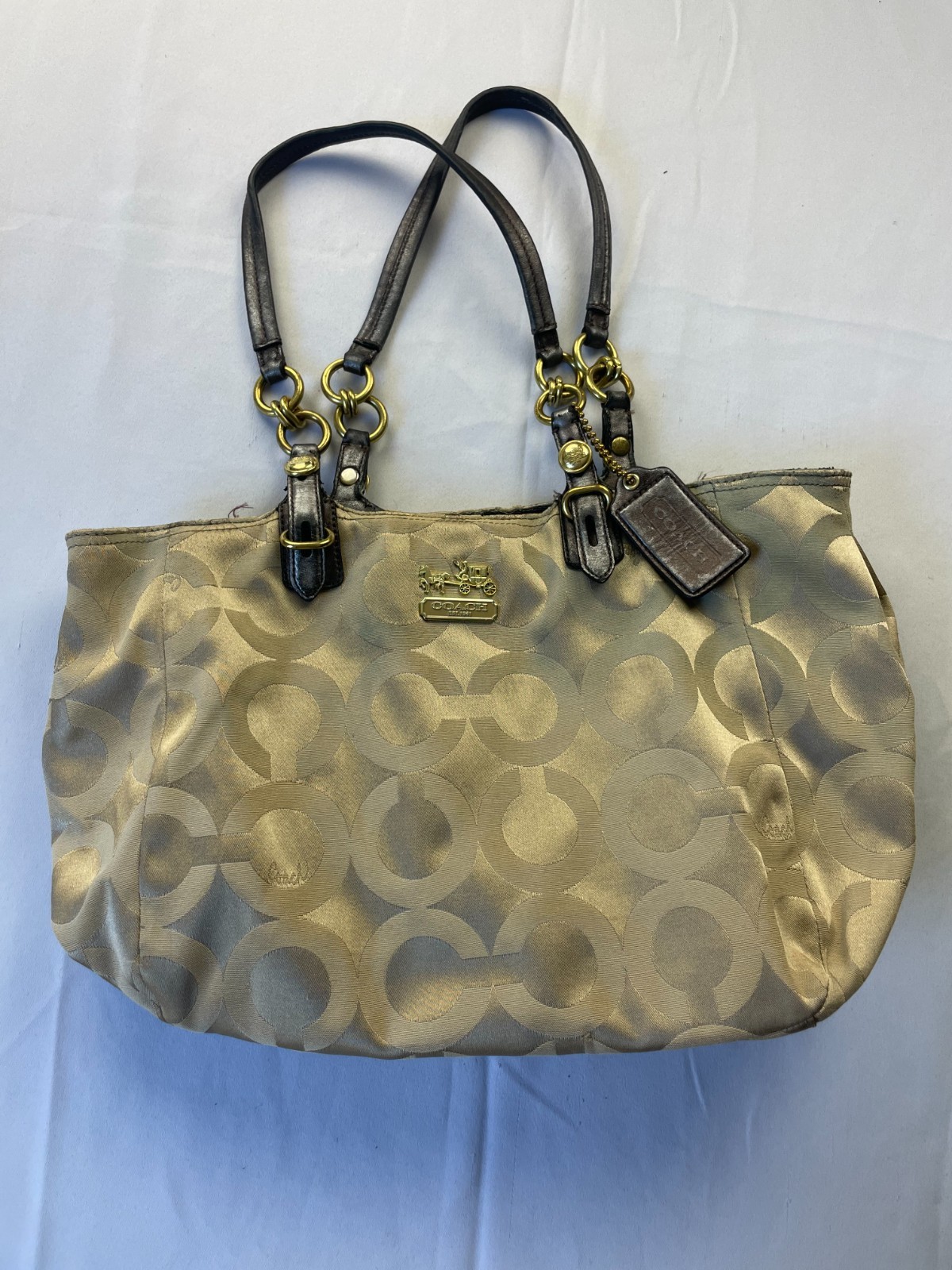 Coach Mia Op Art Signature Sateen Tote Shoulder Bag Gold Tan Womens