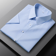 Mens Elastic Shirts Formal Business Short Sleeves Plaids Casual Dress Shirts Top