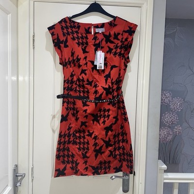 Matalan Be Beau Red Black Bird Print Cotton Studded Belt Evening Dress UK 16 New