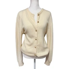 Vtg Neiman Marcus 90s Cashmere Cardigan Sweater Womens Cream Knot Gold Buttons