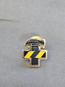 Bastian Bros Hammer Cross Lapel Pin Gold Tone Black Yellow Enamel Construction