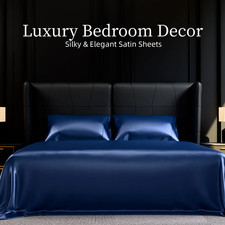 4 Pcs Bed Sheet Set Silky Smooth Satin Deep Pocket,Full/Queen/King Size,NavyBlue