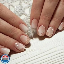 Christmas Press on Nails Short Square SWEKKE White Petite Fake Na