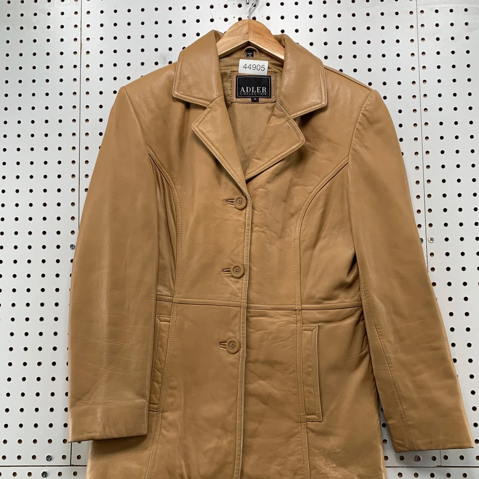 Chaqueta de cuero vintage de la colección Adler para mujer pequeña color tostado blazer con botones Foto 2 de 4