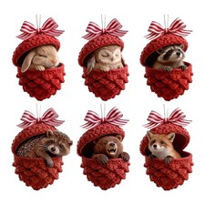 6pces Forest Animal Acorn Ornaments , New 2D-Acrylic Pine Cone Animal Dec