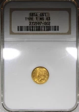 1854 Type 1 Liberty Head Gold Dollar NGC MS63 Uncirculated