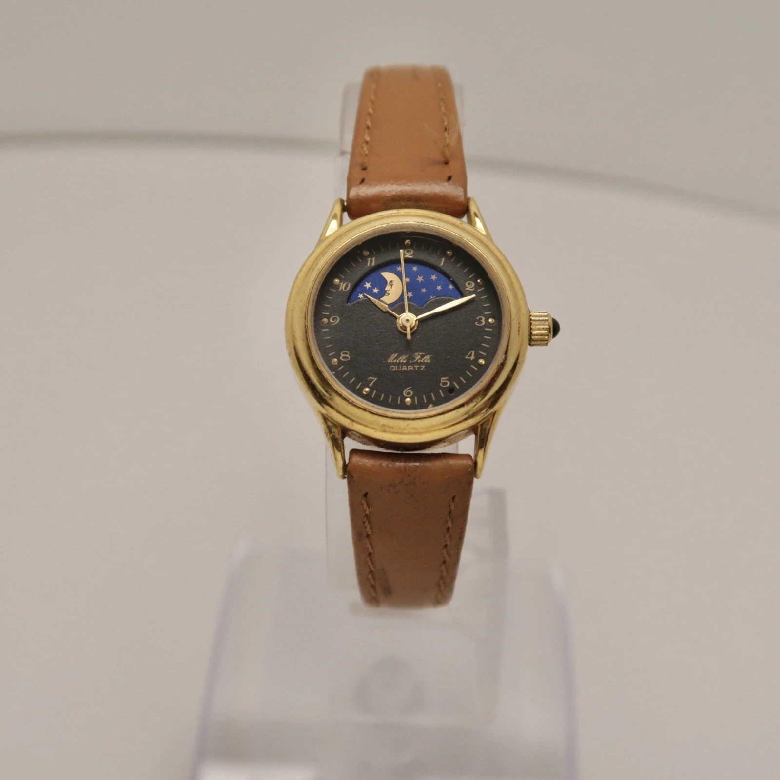 MILLE FILLE Moon Phase Gold Tone Women Quartz Vintage Watch W149 *WORKING