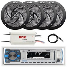 4x 5.25" Marine Black Speakers, Pyle USB FM Radio, Antenna, 4-Channel Amplifier
