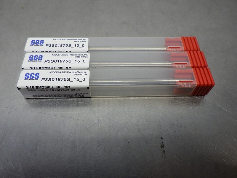 3 NEW! KYOCERA SGS 3/16" Carbide 3 Flute Square End Mills #P3S01875S_10_0