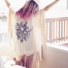 SPELL  Gypsy OS One Size Fringe Kimono Indian Summer Boho Cover Up Robe