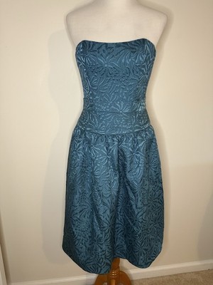 Monique Lhuillier Jacquard Dress Strapless Silk Wool Rare Vintage Teal USA Sz 6