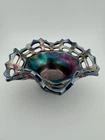Vintage Fenton Carnival Glass Cobalt Blue Basket Weave Open Top Ruffle Edge 6 In