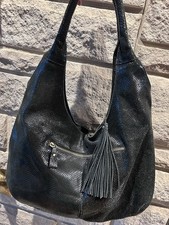 Maxine Couture Black Snake Embossed Shiny Leather Tassel Accent Hobo Bag