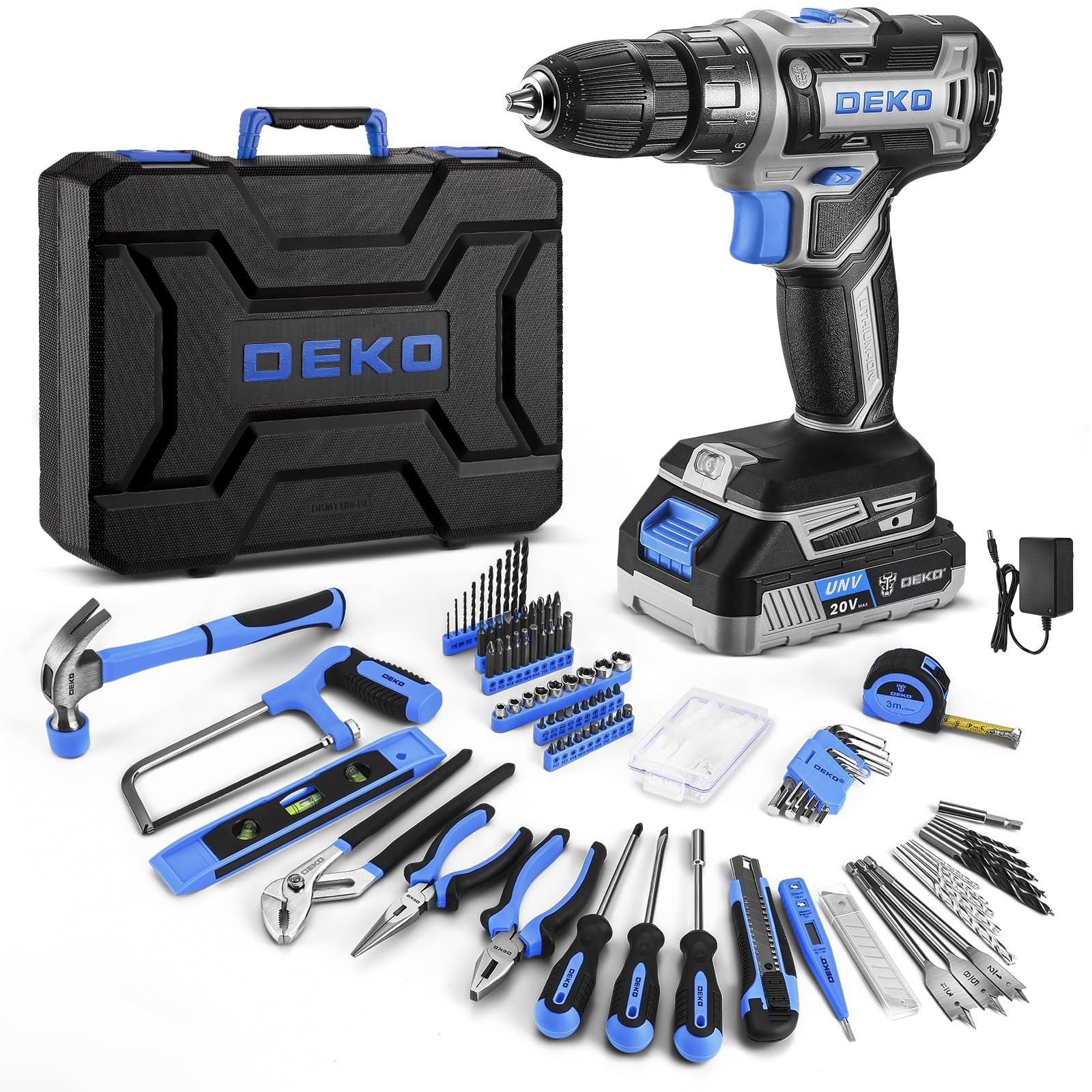 Cassetta Attrezzi Completa con Trapano Avvitatore Batteria 20V 186 Pezzi Set