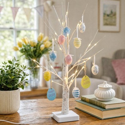 Osterdeko LED Zweig Baum 64 cm Tischplatte weiß beleuchtet mit hängenden Eiern